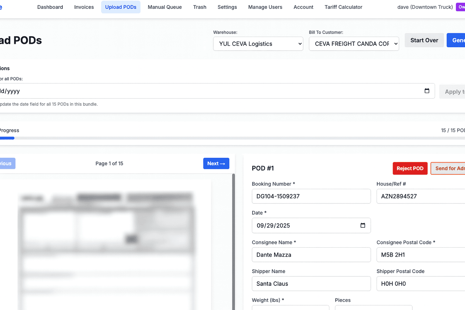 Upload PODs & Duplicate Detection screenshot